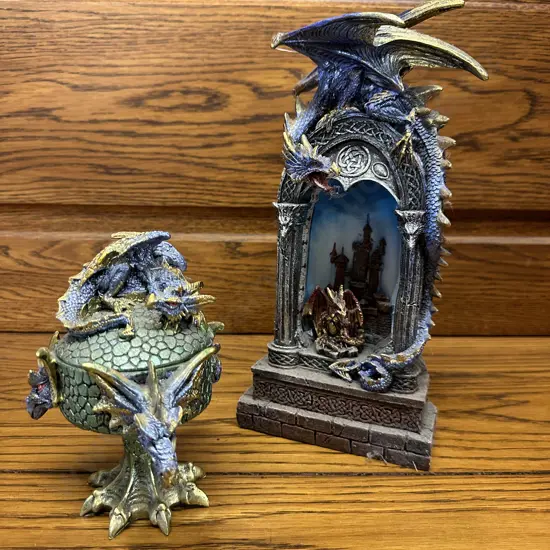 Resin Dragon Figurine & Castle With Dragon Lidded Dish