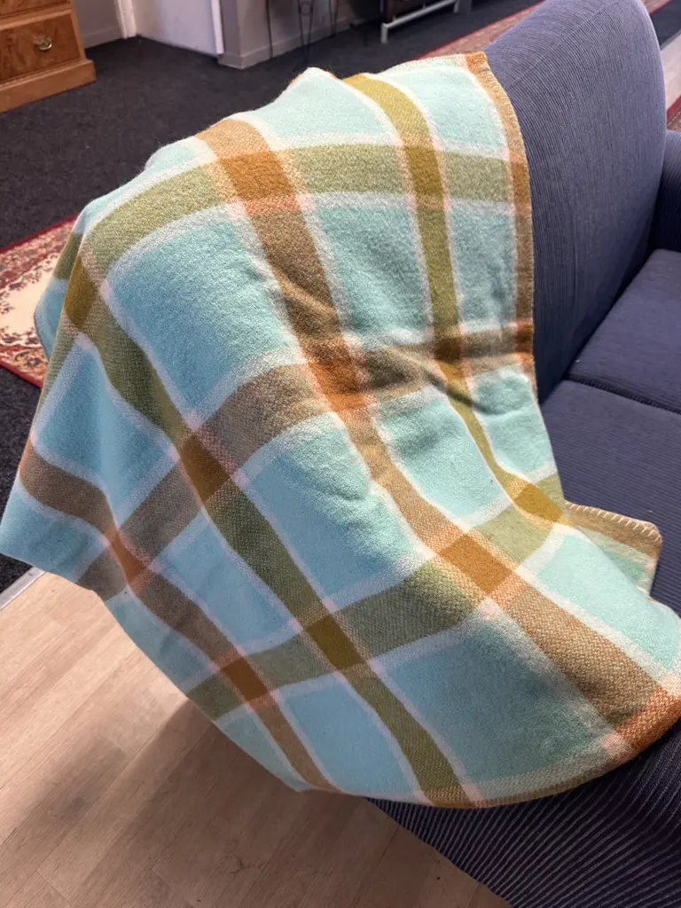 Vintage Single Woollen Blanket Aqua & Brown Tones Image 1++