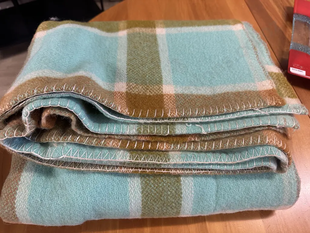 Vintage Single Woollen Blanket Aqua & Brown Tones Image 1++