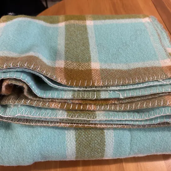 Vintage Single Woollen Blanket Aqua & Brown Tones