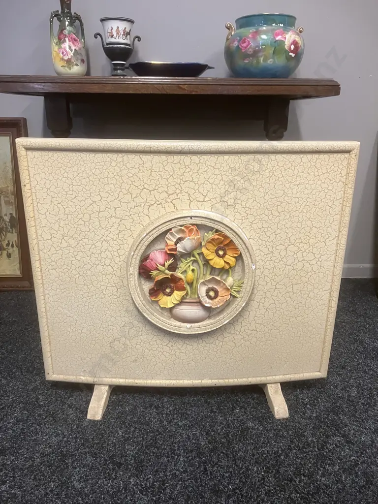 Vintage Curved Fireside Screen With Cream Crackle Finish & 3D Poppies In Vase. 64 x 71cm Image 1++