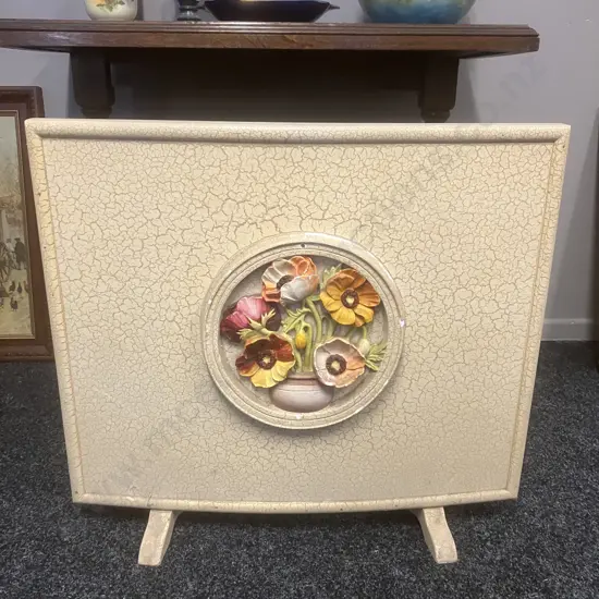 Vintage Curved Fireside Screen With Cream Crackle Finish & 3D Poppies In Vase. 64 x 71cm
