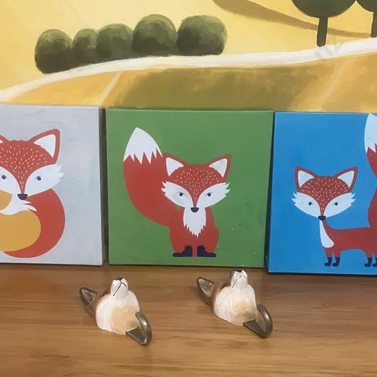 Wildlife Garden Hand-Carved Red Fox Wall Hooks, Pair of. With Three 20 x 20cm Fox Prints on Canvas