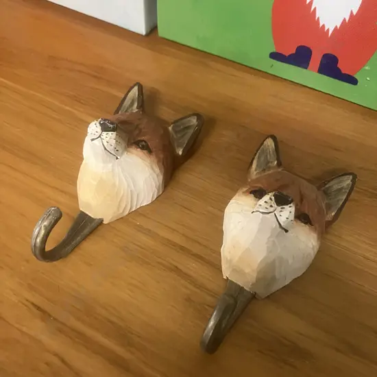 Wildlife Garden Hand-Carved Red Fox Wall Hooks, Pair of. With Three 20 x 20cm Fox Prints on Canvas