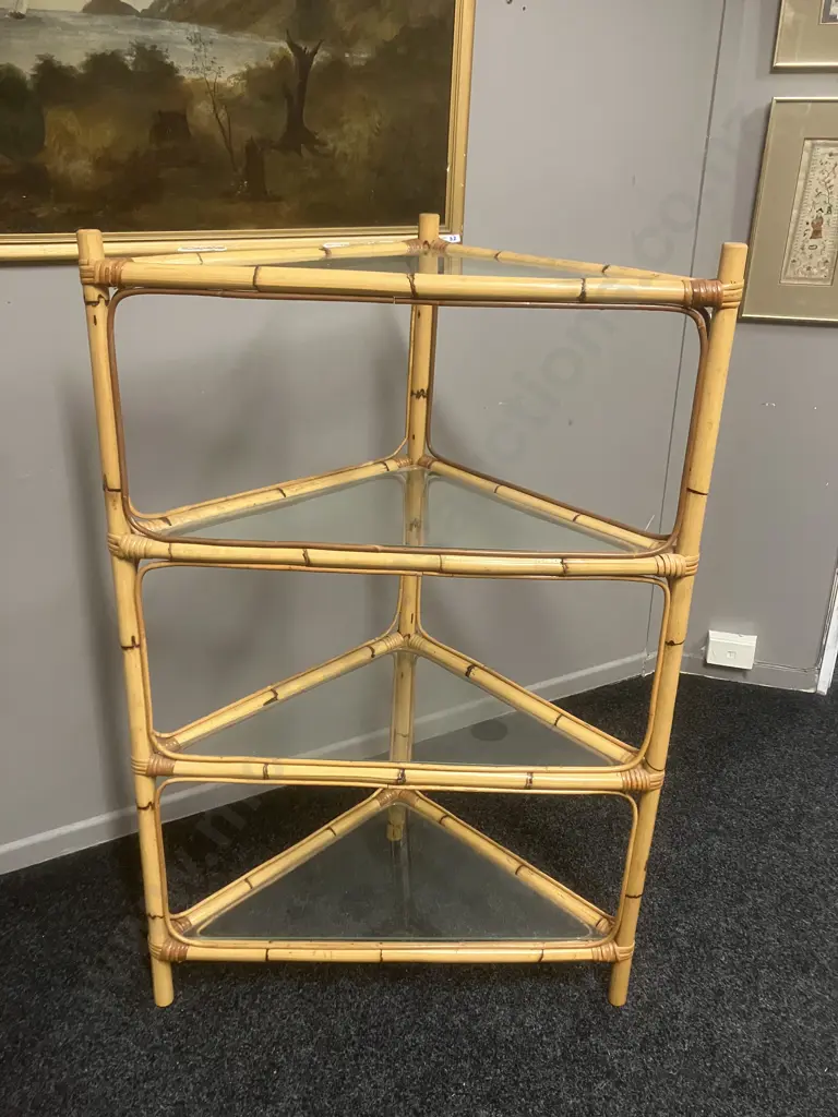 Vintage Cane & Glass 4 Tier Corner Shelf. H122 W79 D44cm Image 1++