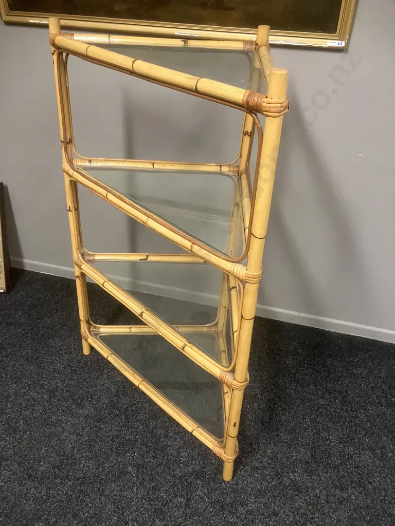 Vintage Cane & Glass 4 Tier Corner Shelf. H122 W79 D44cm Image 1++