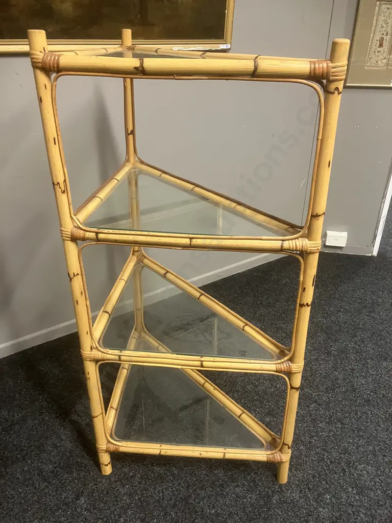 Vintage Cane & Glass 4 Tier Corner Shelf. H122 W79 D44cm Image 1++
