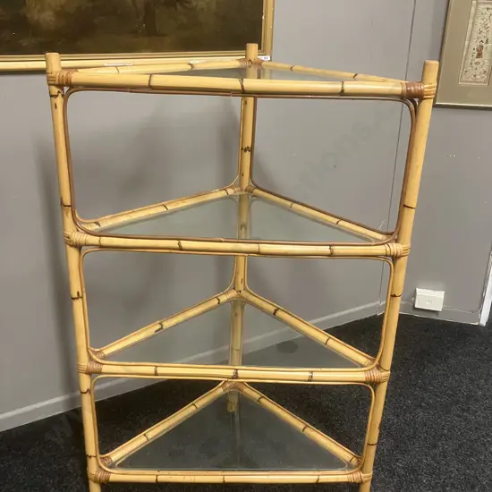Vintage Cane & Glass 4 Tier Corner Shelf. H122 W79 D44cm