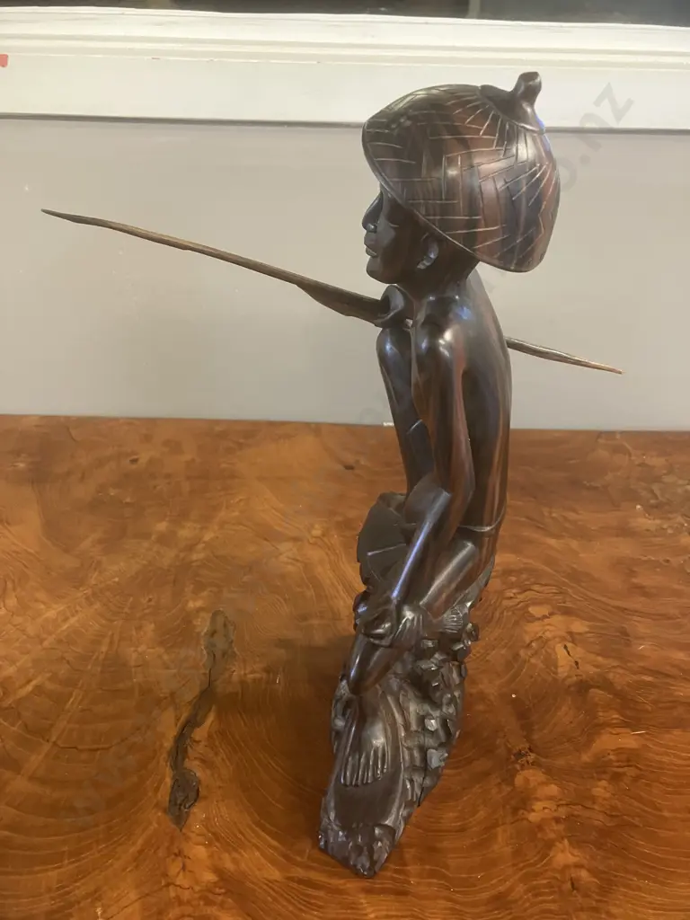 Balinese Hand Carved Ebony Fisherman. H29cm Image 1++