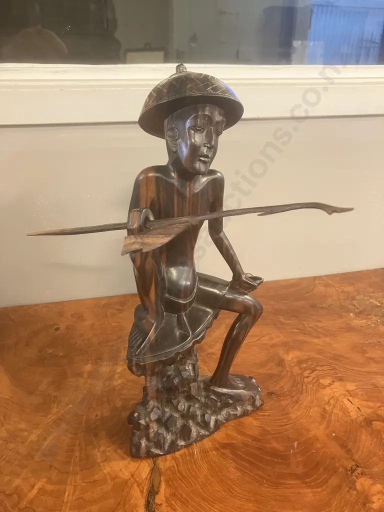 Balinese Hand Carved Ebony Fisherman. H29cm Image 1++