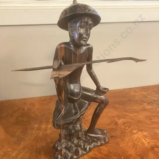 Balinese Hand Carved Ebony Fisherman. H29cm