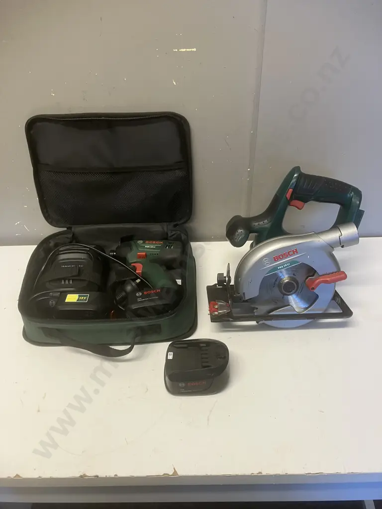 Bosch 18V - PDR18Ll Impact Driver, PKS18L 150mm Circular Saw, 2 x 1.3Ah & 1 x 1.5Ah Batteries With Charger & Soft Case Image 1++