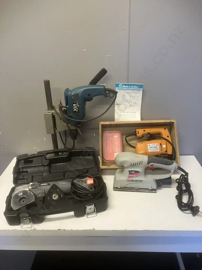 Black and Decker Jigsaw No 7580, Icon 200W Finishing Sander, Ozito Multi Function Tool, XU1 Electric Drill & Drill Press Image 1++