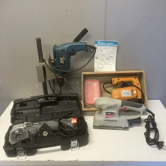 Black and Decker Jigsaw No 7580, Icon 200W Finishing Sander, Ozito Multi Function Tool, XU1 Electric Drill & Drill Press