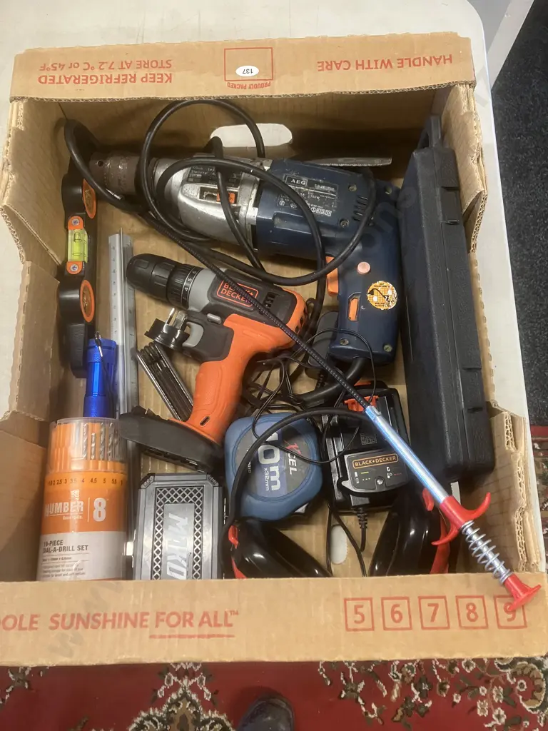 Box lot Assorted Tools, Socket Set, Drill Bits Etc Image 1++
