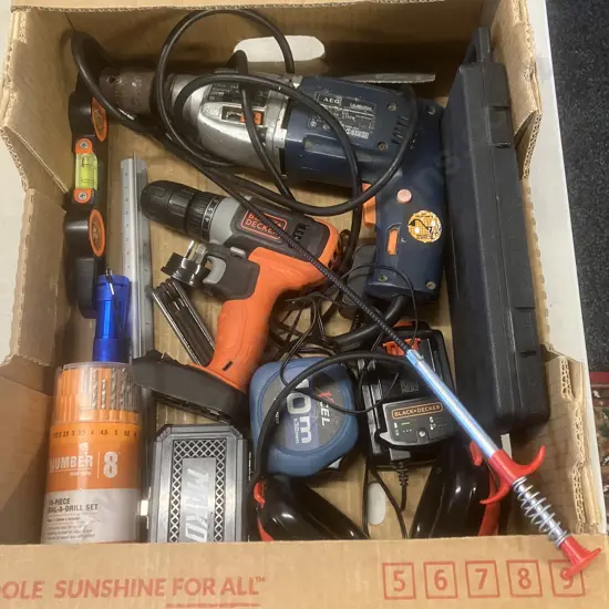 Box lot Assorted Tools, Socket Set, Drill Bits Etc