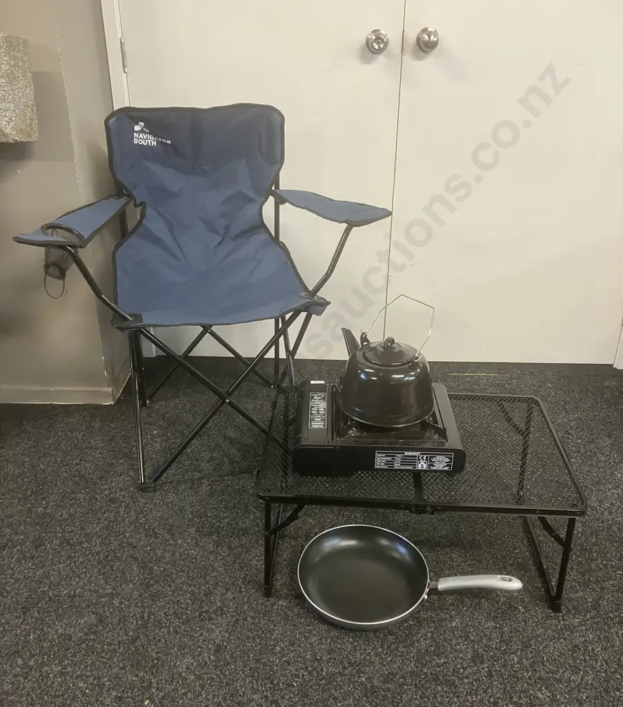Navigator South Folding Camp Chair, Black Steel Folding Camp Table, Gascraft Butane Tabletop Cooker, Kettle & Frypan Image 1++