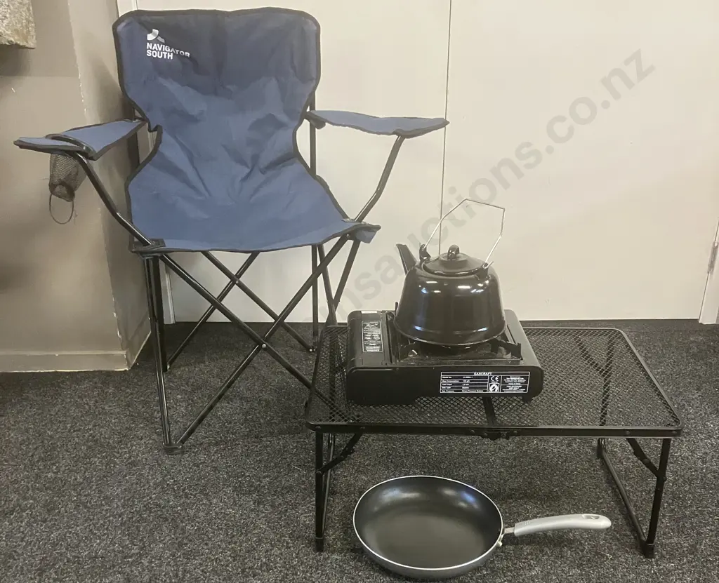 Navigator South Folding Camp Chair, Black Steel Folding Camp Table, Gascraft Butane Tabletop Cooker, Kettle & Frypan Image 1++