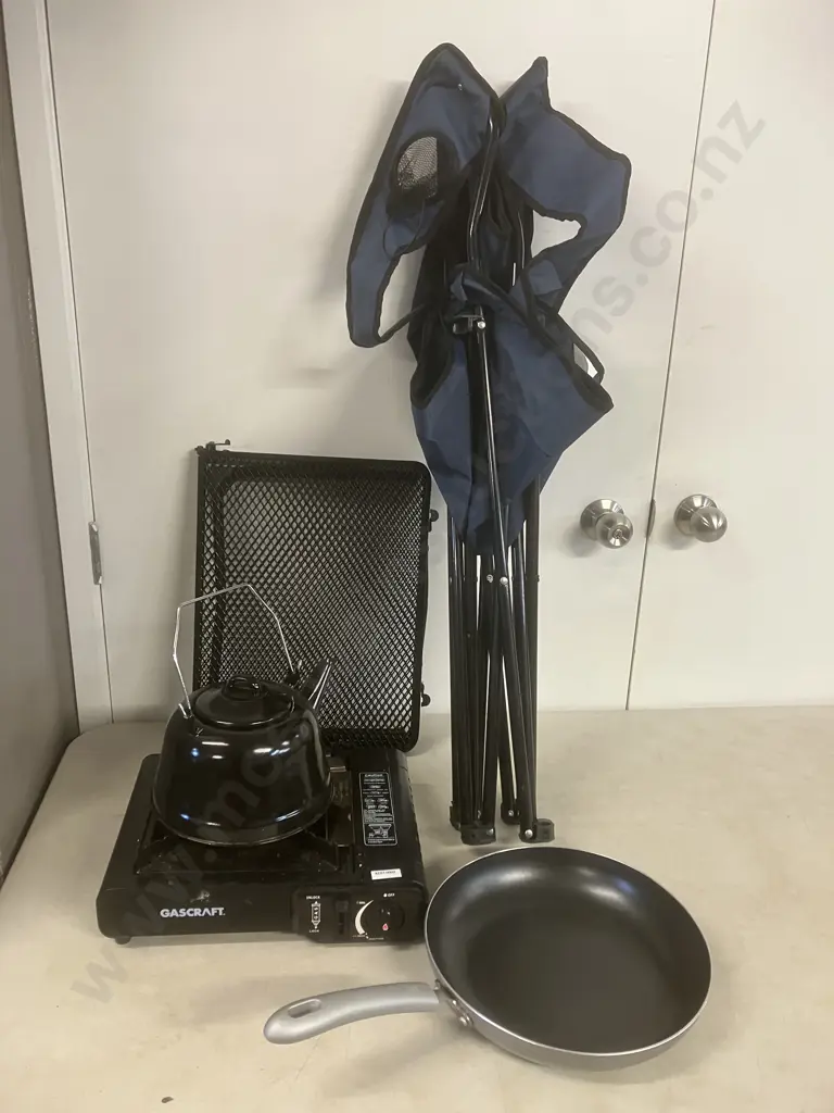 Navigator South Folding Camp Chair, Black Steel Folding Camp Table, Gascraft Butane Tabletop Cooker, Kettle & Frypan Image 1++