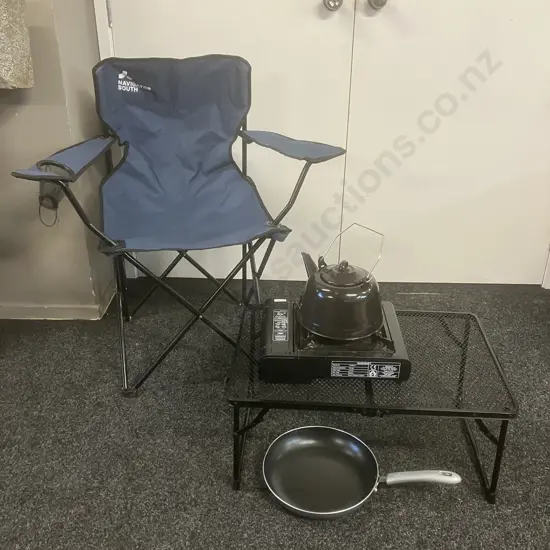 Navigator South Folding Camp Chair, Black Steel Folding Camp Table, Gascraft Butane Tabletop Cooker, Kettle & Frypan