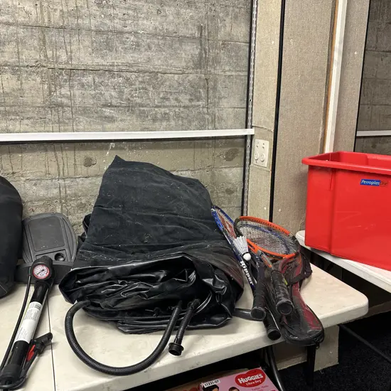 Selection Of Rackets, Airbed, Foot Pump & Sleeping Bag