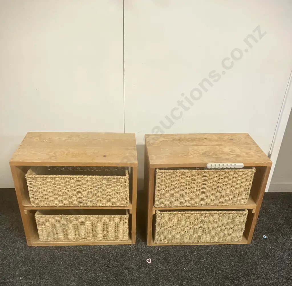 Pair of Wood & Rattan Basket Drawer Units. H44 W50 D30.5cm Image 1++