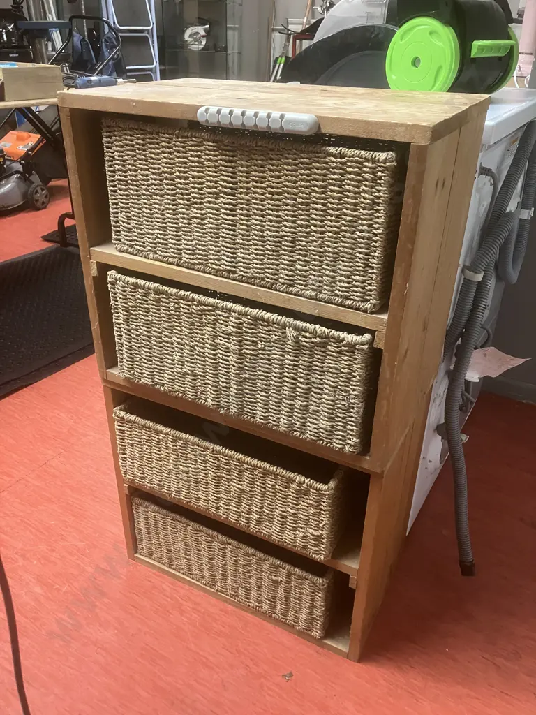 Pair of Wood & Rattan Basket Drawer Units. H44 W50 D30.5cm Image 1++
