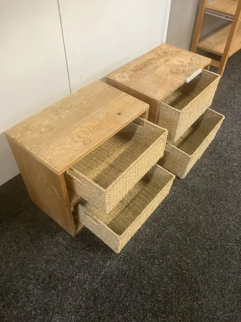 Pair of Wood & Rattan Basket Drawer Units. H44 W50 D30.5cm Image 1++