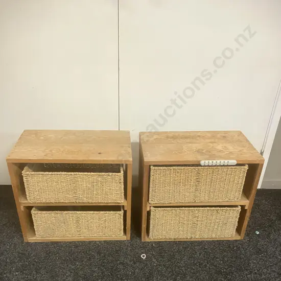 Pair of Wood & Rattan Basket Drawer Units. H44 W50 D30.5cm