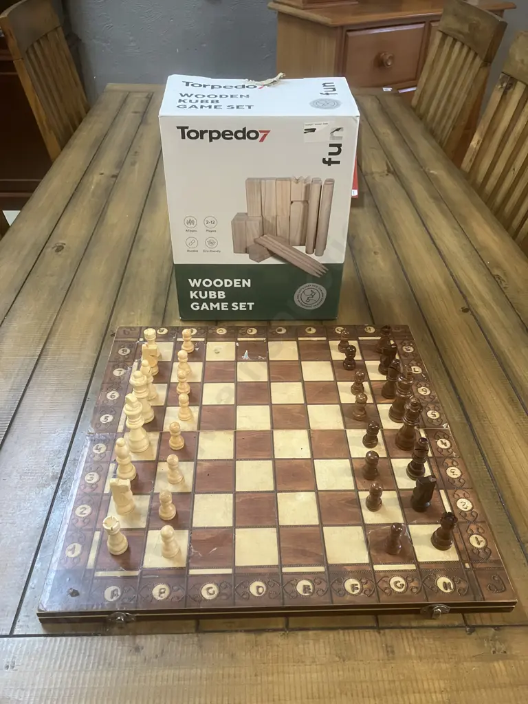 Torpedo7 Wooden KUBB Game Set & Chess Set on Magnetic Folding Chess / Backgammon Board Image 1++