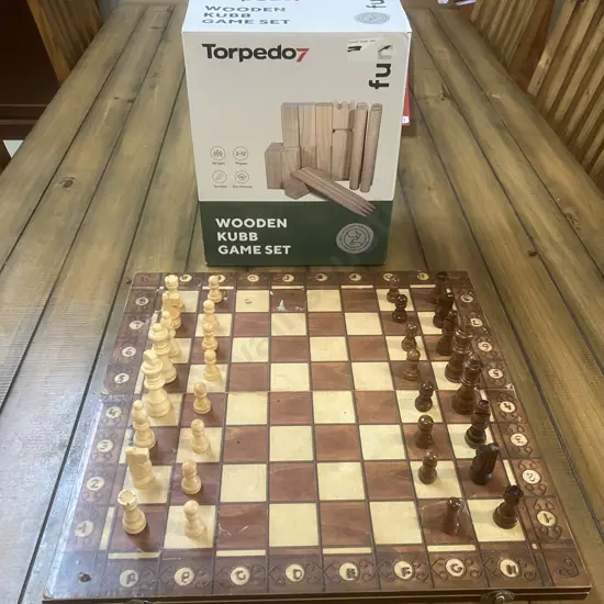 Torpedo7 Wooden KUBB Game Set & Chess Set on Magnetic Folding Chess / Backgammon Board