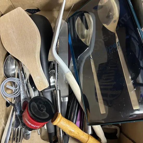 Box Of Assorted Kitchen Utensils, Cutlery Etc