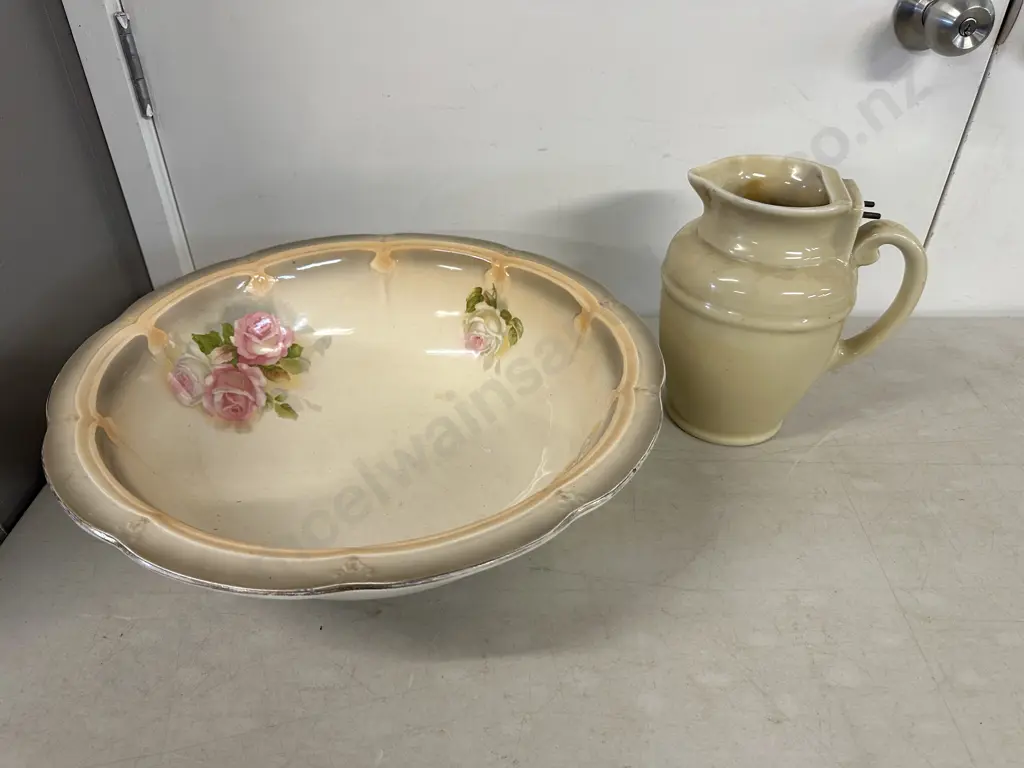 Large Antique Bowl & Vintage Ceramic Jug (as found) Image 1++