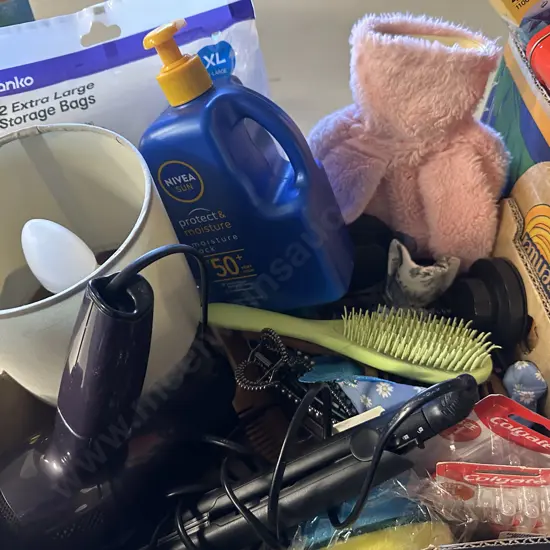Box Lot Table Lamp, Blowdryer, Straightener Etc