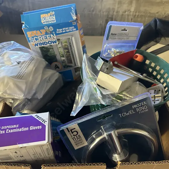 Box Of Assorted Sundries Including Projex Towel Ring, Gloves Etc