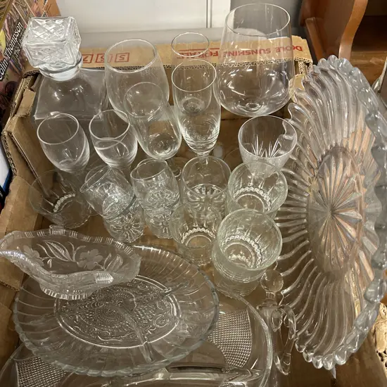 Box Lot Of Assorted Glassware Including Decanter, Platters Etc
