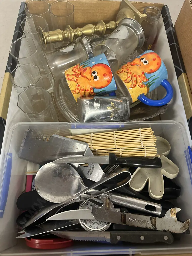 Box Of Assorted Including Brass Candle Holder, Utensils Etc Image 1++