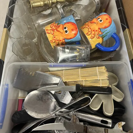 Box Of Assorted Including Brass Candle Holder, Utensils Etc