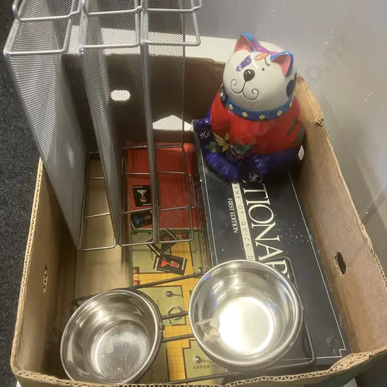 Box lot Games (AF), Pet Bowls, Paper Trays Etc
