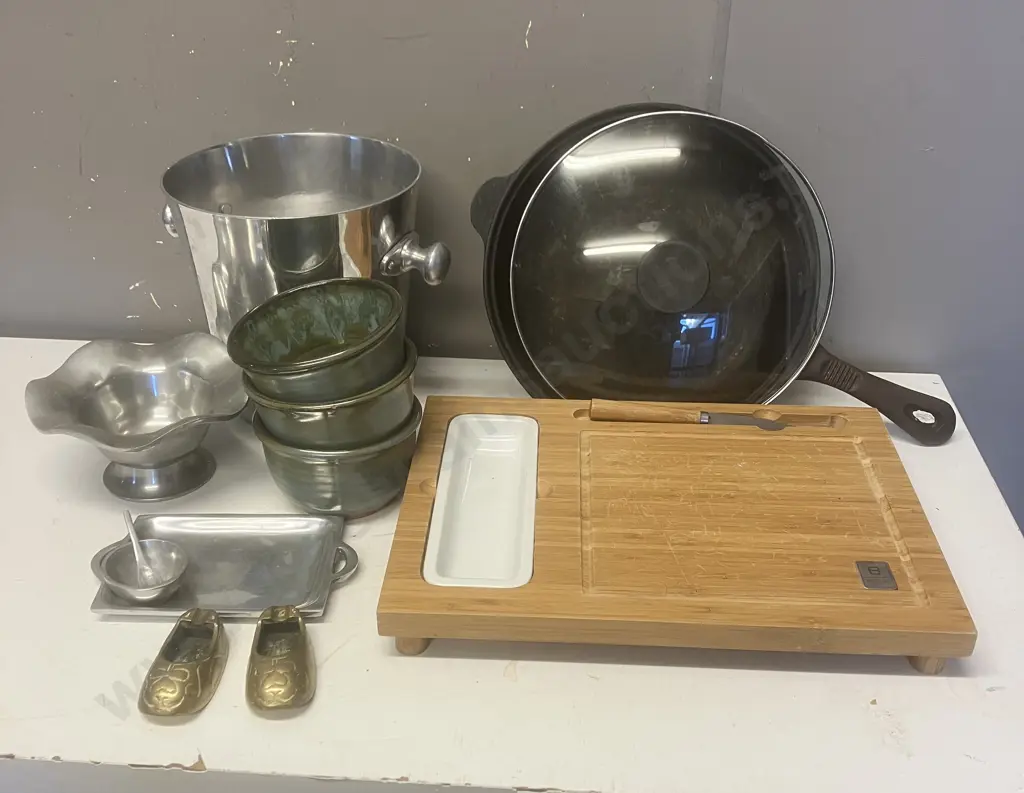 Box Lot Ice Bucket, Cast Iron Fry Pan, Brass Slipper Ashtrays Etc Image 1++