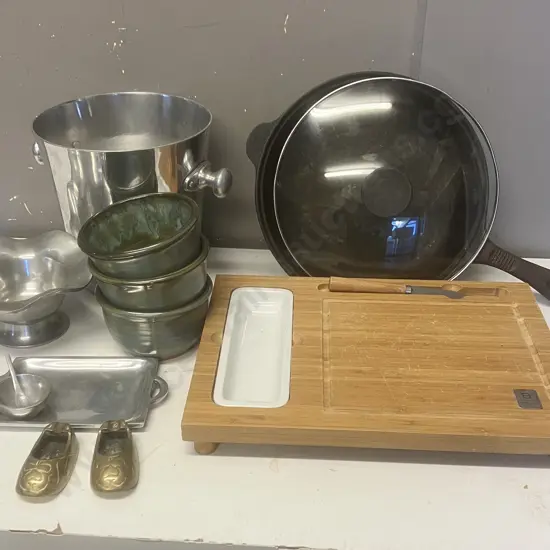 Box Lot Ice Bucket, Cast Iron Fry Pan, Brass Slipper Ashtrays Etc
