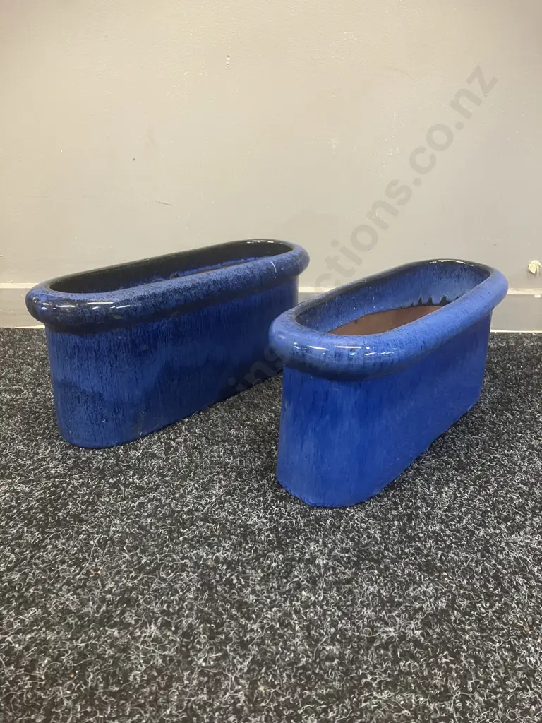 Pair of Blue Glazed Terracotta Trough Planters. H14 L34 W12cm Image 1++