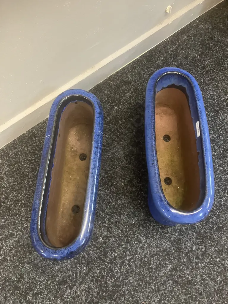 Pair of Blue Glazed Terracotta Trough Planters. H14 L34 W12cm Image 1++