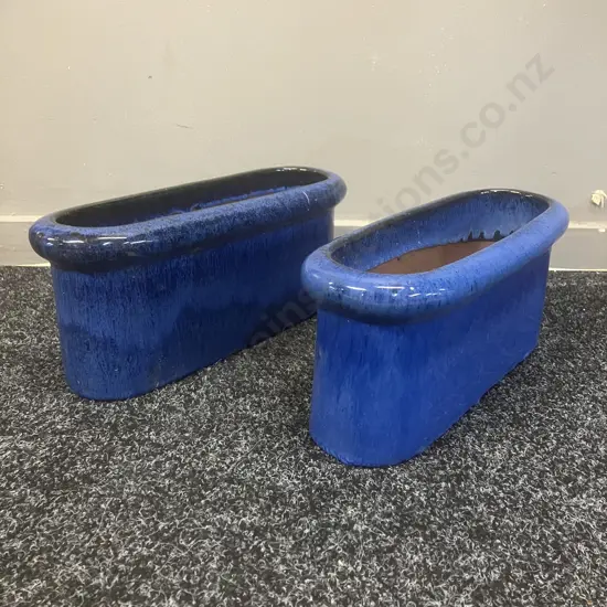 Pair of Blue Glazed Terracotta Trough Planters. H14 L34 W12cm