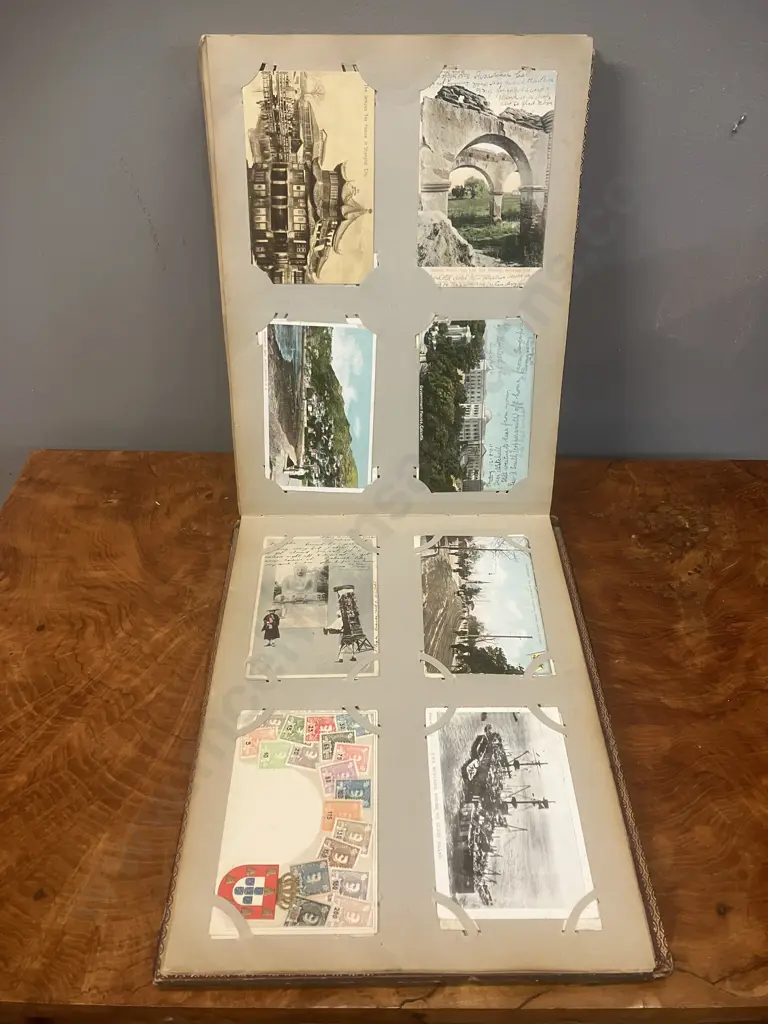 A Stunning Collection of 238 Early 1900's Postcards In A Black Lacquer Japanese Accordion Album Image 1++