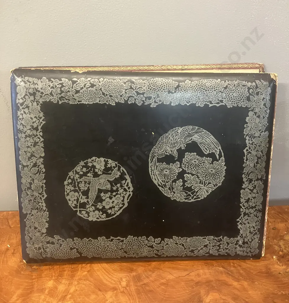 A Stunning Collection of 238 Early 1900's Postcards In A Black Lacquer Japanese Accordion Album Image 1++