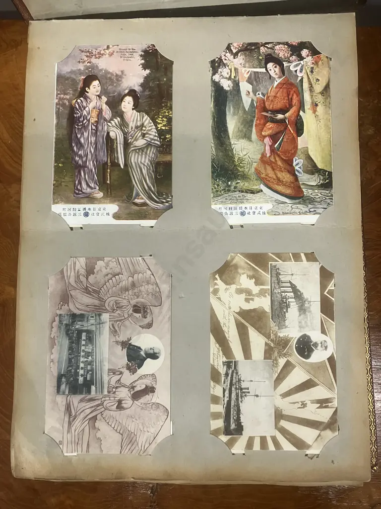 A Stunning Collection of 238 Early 1900's Postcards In A Black Lacquer Japanese Accordion Album Image 1++