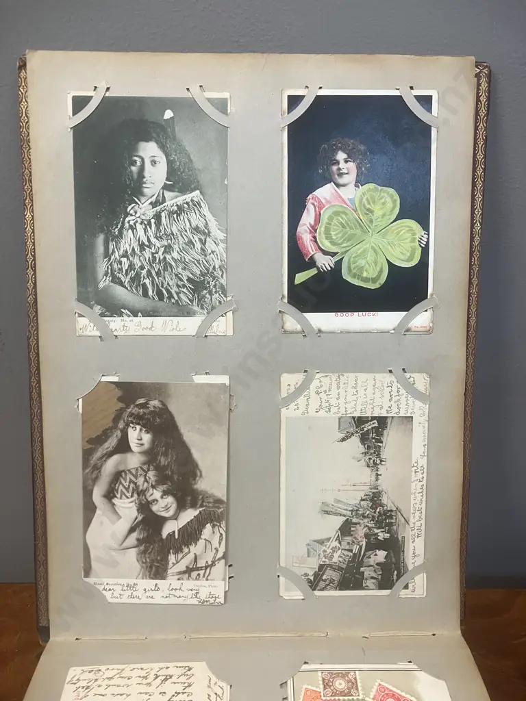 A Stunning Collection of 238 Early 1900's Postcards In A Black Lacquer Japanese Accordion Album Image 1++