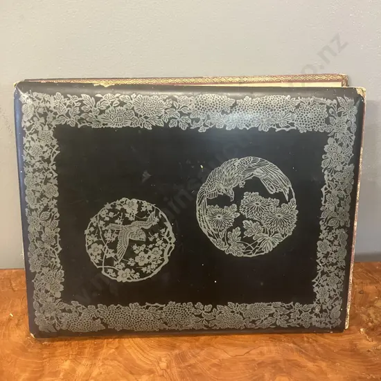 A Stunning Collection of 238 Early 1900's Postcards In A Black Lacquer Japanese Accordion Album