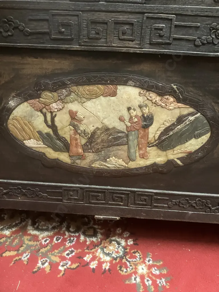 Stunning Antique c1920s Chinese Oriental Camphor Wood Chest With Inlaid Coloured Soapstone Relief Scenes. H52 L113 W52cm Image 1++